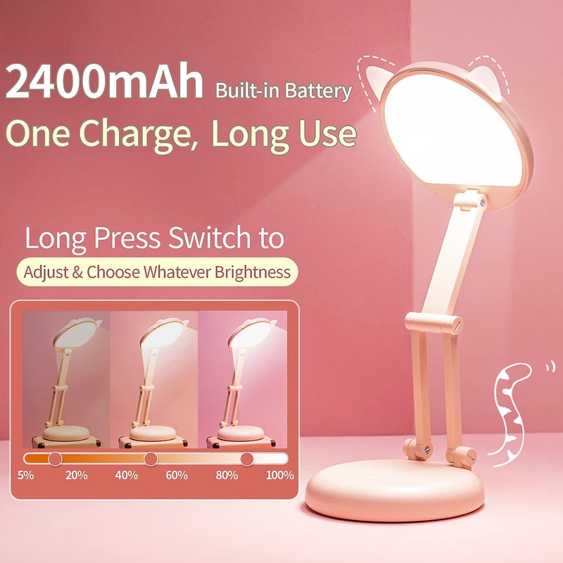 One Fire Cute Desk Lamp Pink Dorm Lamps for College Girls Foldable Portable Rechargeable Dimmable Cute Cat Lamp Kawaii Room Decor,College Dorm Decor for Girls Pink Classroom Essentials - Image 3